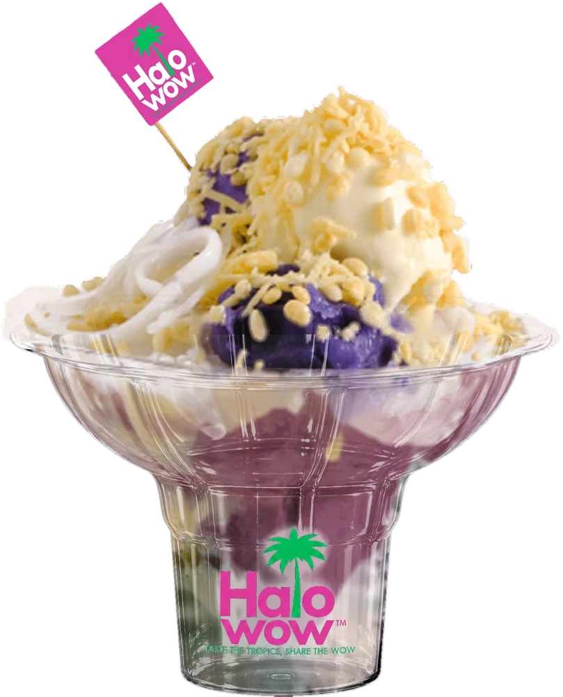 Cheesy Ube Macapuno halo-halo in a Halowow cup on its pink Halowow box