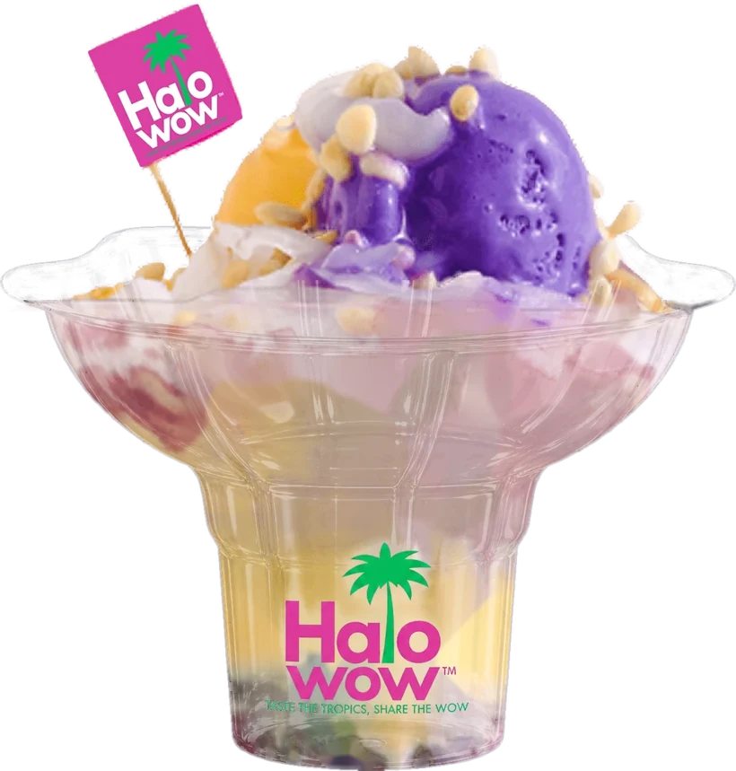 Creamy Classic halo-halo in a Halowow cup on its pink Halowow box