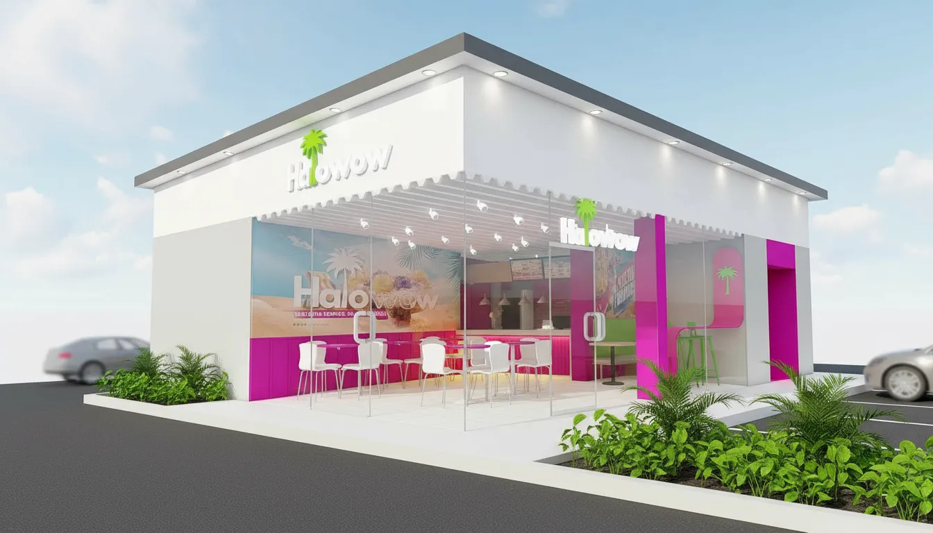 3D rendering of a full Halowow franchise store with pink signage