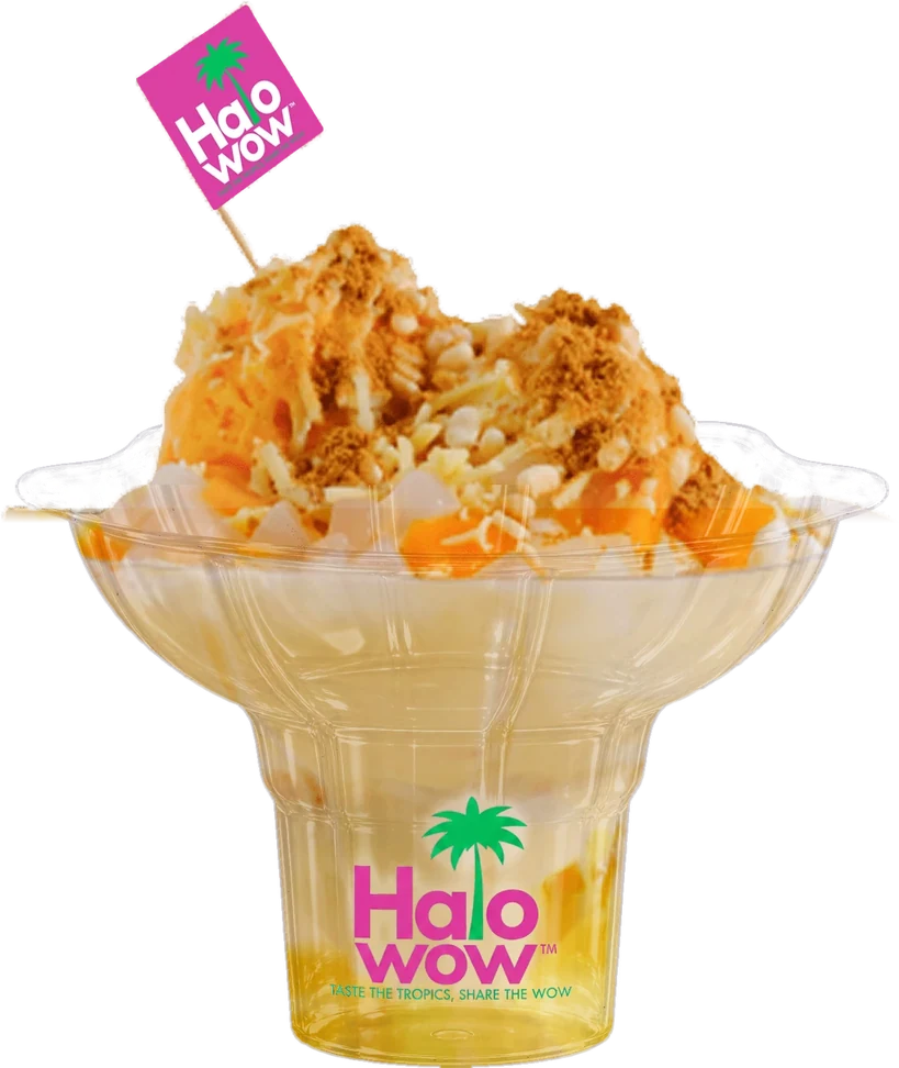 Oh Cheesy Mangoodness halo-halo in a Halowow cup on its pink Halowow box