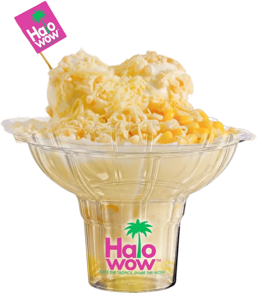 Super Maisarap halo-halo in a Halowow cup on its pink Halowow box