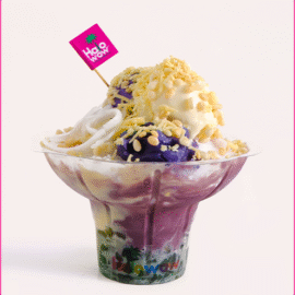 Halowow Cheesy Ube Macapuno Halo-Halo dessert with creamy ube, macapuno strips, and cheese cubes