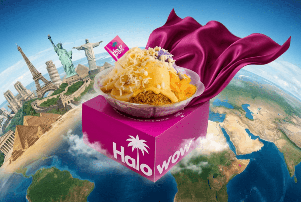 Halowow halo-halo Filipino dessert with ube, leche flan, corn, and shaved ice soaring above the world symbolizing the global rise of Filipino desserts.