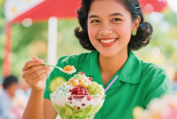 Halo-Halo Filipino dessert with shaved ice, ube, sweet beans, fruit, and ice cream representing Filipino culture and tradition