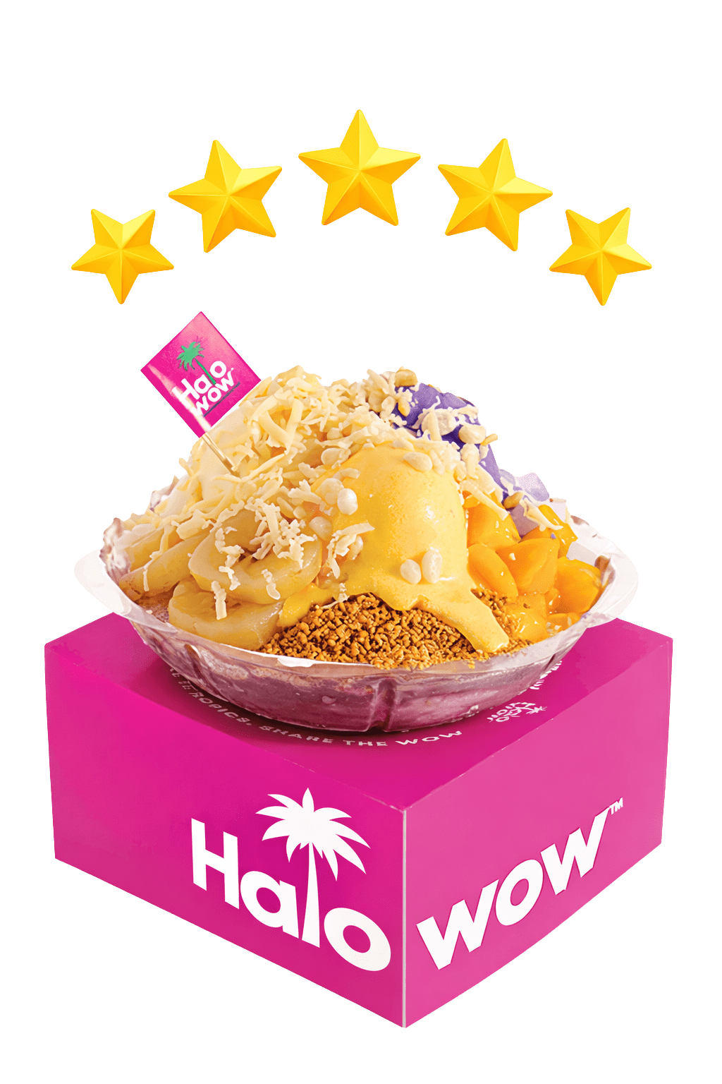 Five-star HaloWow halo-halo dessert served in a pink HaloWow box, showcasing the premium tropical Filipino dessert experience