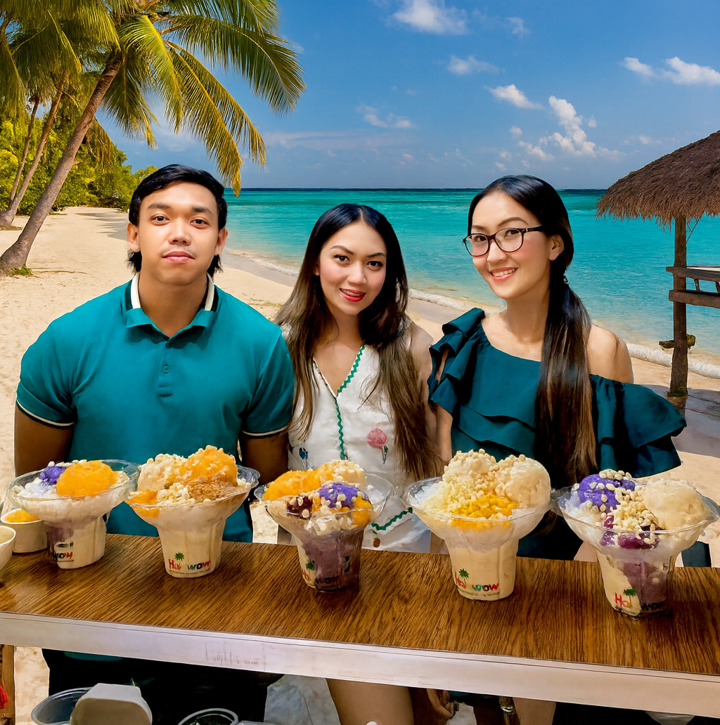 Three sibling owners standing on a beach in the Philippines representing their family-owned Halo Halo dessert brand