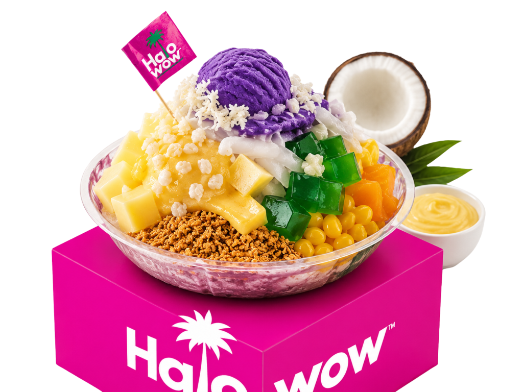 Premium Overload Halo-Halo from HaloWow featuring ube ice cream, leche flan, coconut, nata de coco, macapuno, cheese, and tropical toppings.